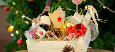 Christmas,And,New,Year,Gifts,And,Baskets,With,Sweets,,Alcohol,