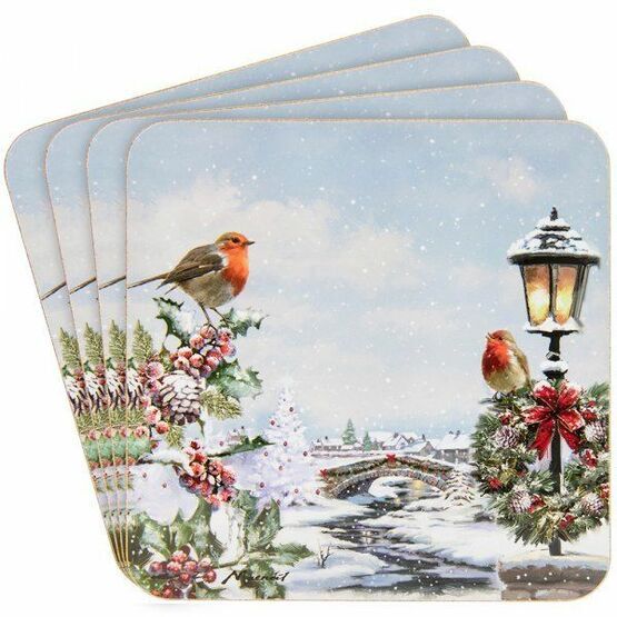 Set Of 4 Coasters With Brightly Coloured Snow Scene With Robins